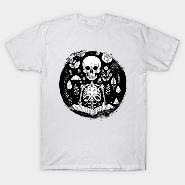 Skull Studying Black and White T-Shirt by DeathAnarchy